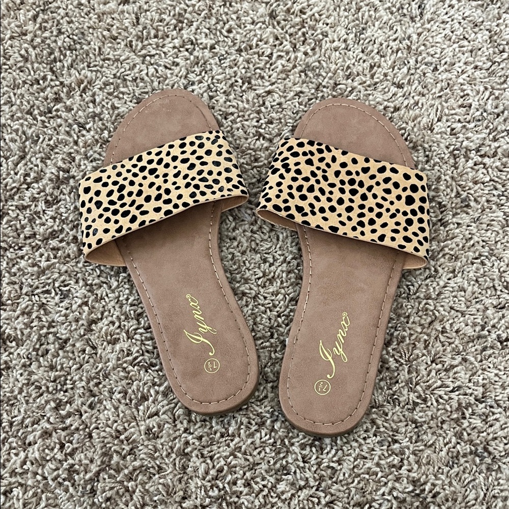 Tan and Black Slide Sandals with Animal Print
